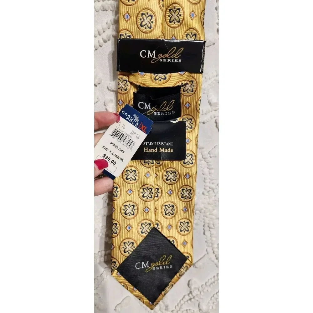 CM Gold Series Tie X Long Length Silk Geometric Floral Yellow Gold Church Formal